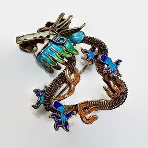 Chinese Export, Dragon Brooch, Cloisonne, Pendant, Enamel, Gold, Silver, Vintage